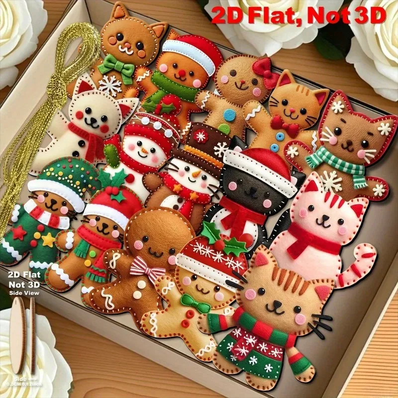 8 Stück 2D flache Lebkuchen-Katzenbaum-Topper – Weihnachtsschmuck mit Aufhängeschlaufe, künstliche Holz-Feiertagsdekoration für den Weihnachtsbaum