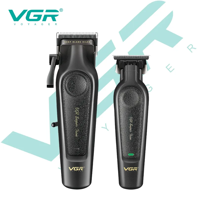 VGR V-197&995 High-End-Haarschneider, zweiteiliges Set, Metall-Ledergehäuse, elektrische Schubschere, LED-Digitalanzeige, Ölkopf-Schnitzerei