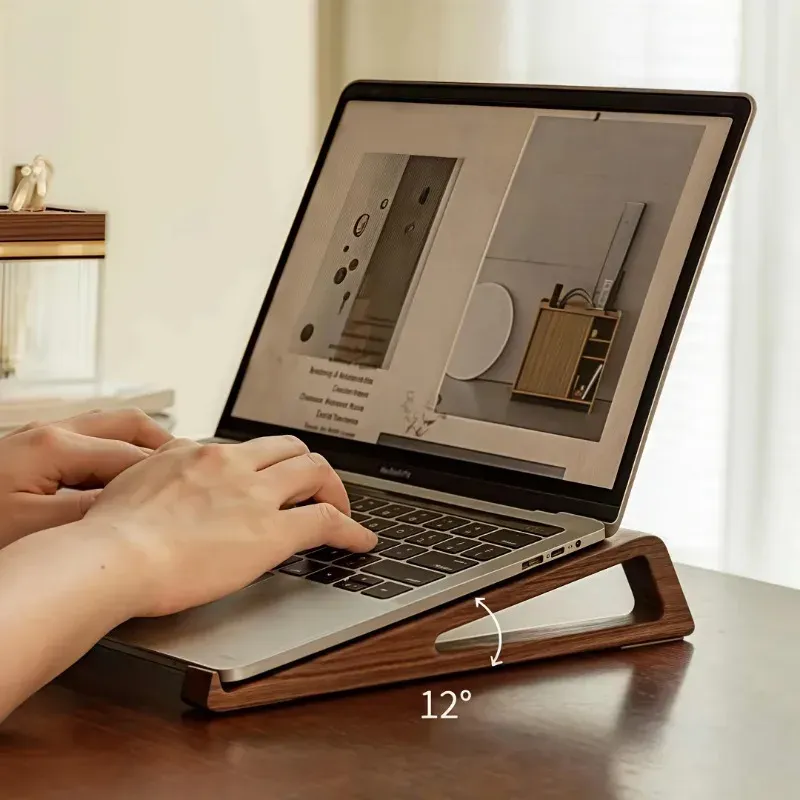 Tragbarer, faltbarer Laptopständer aus Holz, ergonomisch 12 °   Einstellbarer Winkel, dreieckiges Kühlungslüftung, Bürozubehör