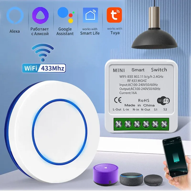 Tuya WiFi Smart Switch 16A RF 433Mhz Drahtlose Fernbedienung Push Button Schalter Sprachsteuerung Mit Alexa Google Assistent Alice