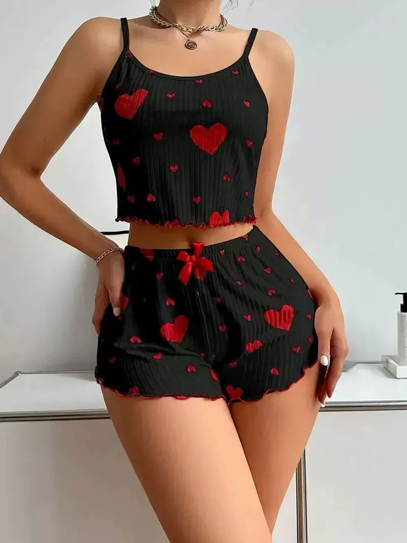 2-teiliges Set für Damen, Pyjama-Shorts, Anzug, Homewear, bedruckte Unterwäsche, Pyjama, sexy Dessous, Unterhemden, Tanks, Nachthemd, Damen-Nachtwäsche