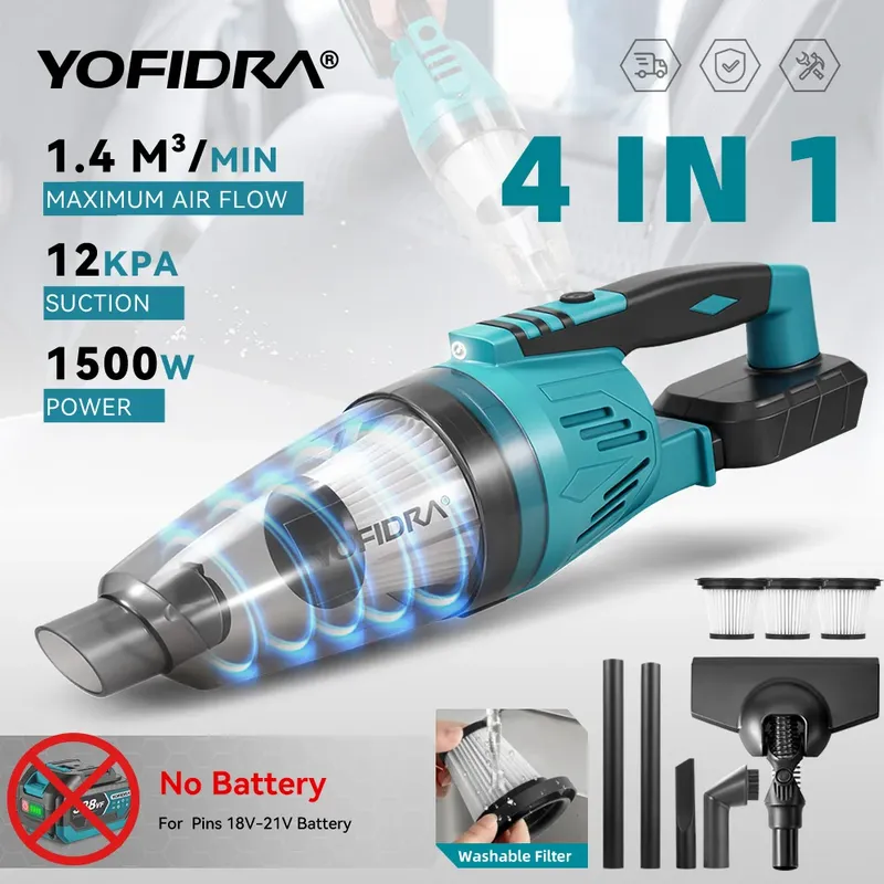 YOFIDRA 1500W 12KPA Elektrische Staubsauger 4IN1 Drahtlose Vakuum Hause Auto Reinigung Werkzeuge mit 3 stücke Filter für Makita Batterie Pin