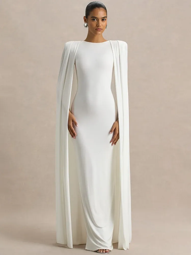 Mozision Cape Sleeve Sexy Maxi Kleid Frauen Kleid Elegante Mode Zipper O Neck Hohe Taille Split Club Party Lange Kleider Weibliche