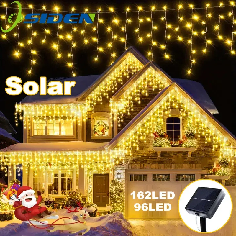 NEUE Solar-Weihnachts-Eiszapfen-Lichter, 162/96 LED, 8 Modi, wasserdichte Vorhang-Lichterkette für den Außenbereich, Garten, Zimmer, Urlaubsbeleuchtung