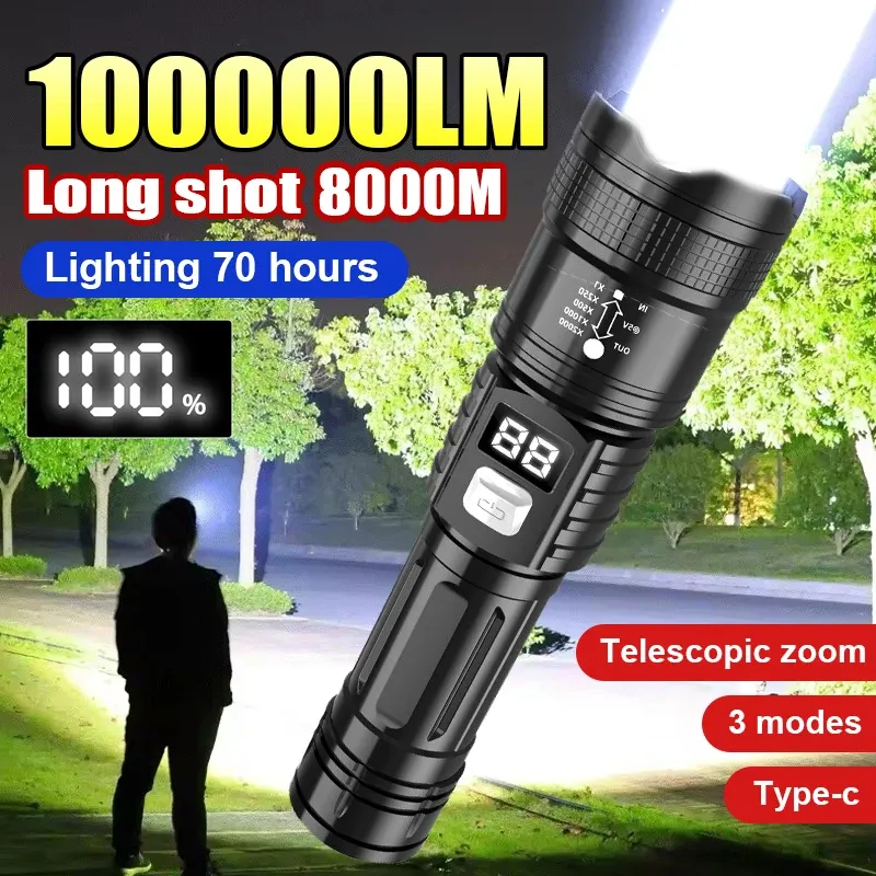 100000LM superhelle Taschenlampe Typ C wiederaufladbare LED-Taschenlampe mit großer Reichweite, taktische Lampe für wasserdichte Camping-Laterne im Freien - 5.91 EUR