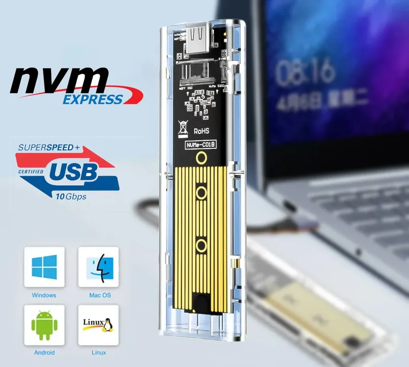 M.2 NVME PCIe NGFF SATA Dual Protocol SSD-Gehäuse Klare USB Typ C 10 Gbit/s PCI-E M2 SSD Transparentes externes Gehäuse Festplattenbox