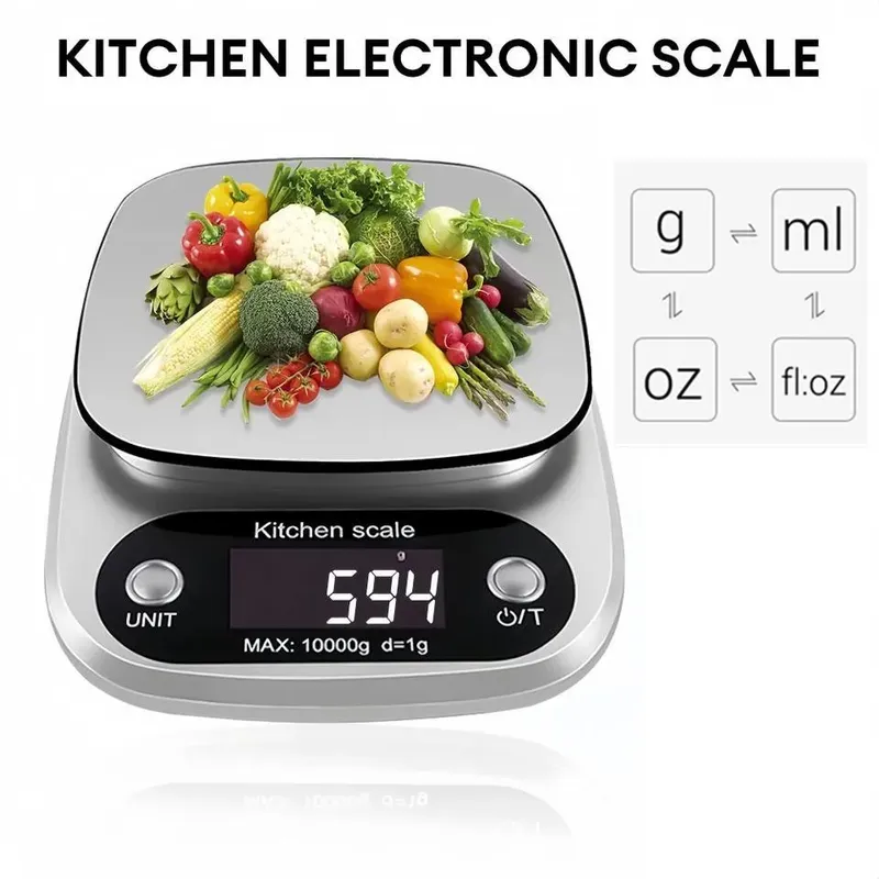 10 kg Küchenwaage, digitale Küchenwaage mit Tara-Funktion, elektronische Schmuck- und Backwaage, LCD-Display, Edelstahl
