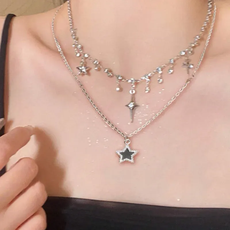 Trendy Vintage Schwarz Stern Kreuz Anhänger Multi Layer Kette Halskette Für Frauen Mädchen Gothic Y2K Charme Schmuck Zubehör Großhandel