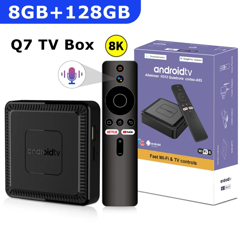 Q7 Neue Android 14 TV Box 8 GB + 128 GB Smart Network Set-Top-Box unterstützt WiFi 6 Bluetooth 5.0 4K HDR10 Sprachfernbedienung TV Box