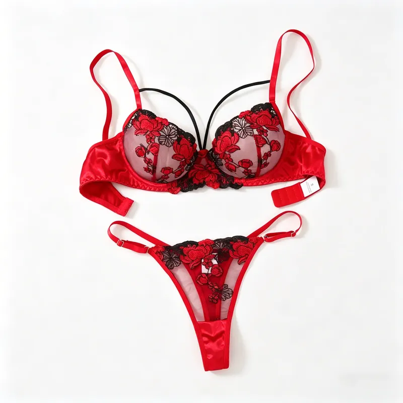 Zweiteiliges besticktes BH-Set – Damen-Dessous-Set mit Blumenstickerei – Schwarzes und rotes Unterwäsche-Set ZA825127