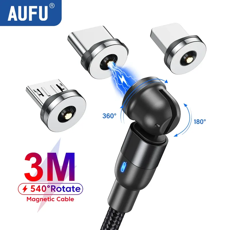 AUFU 540 Drehen Magnetisches Typ C Kabel 3 in 1 Schnellladekabel Für iPhone Xiaomi Samsung Huawei Micro USB Magnet Ladekabel
