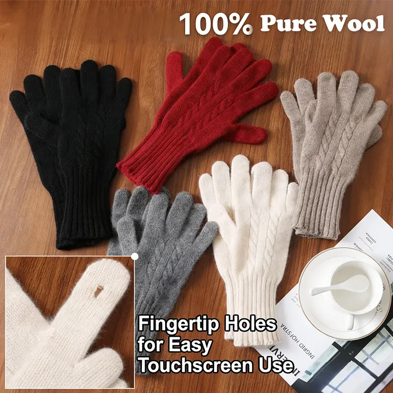 Gestrickte Handschuhe aus 100 % Wolle, warme Herbst-/Winterhandschuhe, klassisches Design, lange Handgelenkschutz-Fäustlinge, klassische einfarbige Kaschmir-Handschuhe