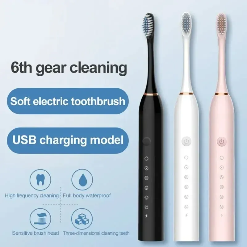 Elektrische Ultraschall-Zahnbürste, sechs Geschwindigkeitsmodi, für Zuhause, weiches Haar, USB-Aufladung, wasserdicht, Zahnreiniger für Erwachsene, automatisches Paar-Set