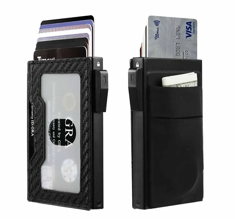 Ultradünner Kartenhalter aus Aluminium für Herren, RFID-blockierende, minimalistische Pop-Up-Geldbörse aus Metall für mehr als 12 Karten, Geldbörse aus Kohlefaser
