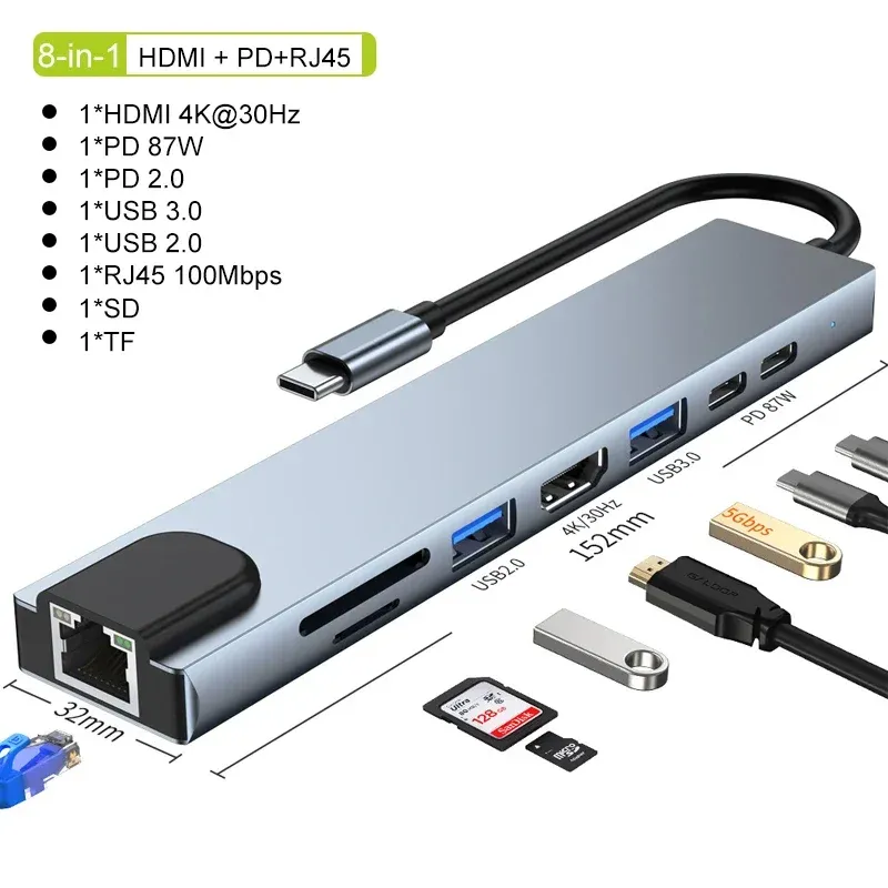 USB-C-Hub 8-in-1 7-in-2 7-in-1 Typ-C 3.1 zu 4K HDMI Adapter mit RJ45 SD/TF Kartenleser PD Schnellladung für MacBook Notebook Laptop