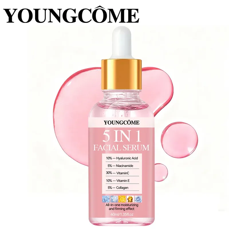 YOUNGCOME 5-in-1 verblasst feine Linien, straffendes Gesichtsserum, Vitamin C, Hyaluronsäure, Gesichtsserum, feuchtigkeitsspendend, aufhellend, schrumpft die Poren