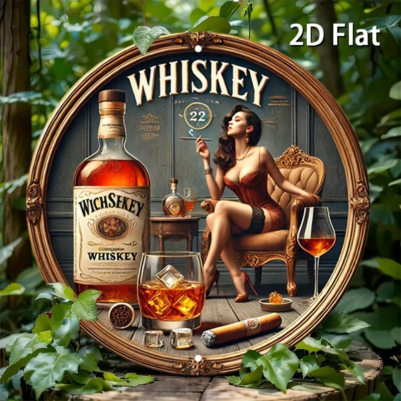 1 Stück rundes Vintage-Metallschild mit Whiskey-Thema – weibliche Whiskey Lady & James Bond-inspiriertes Logo-Design, Scotch & Bourbon Art