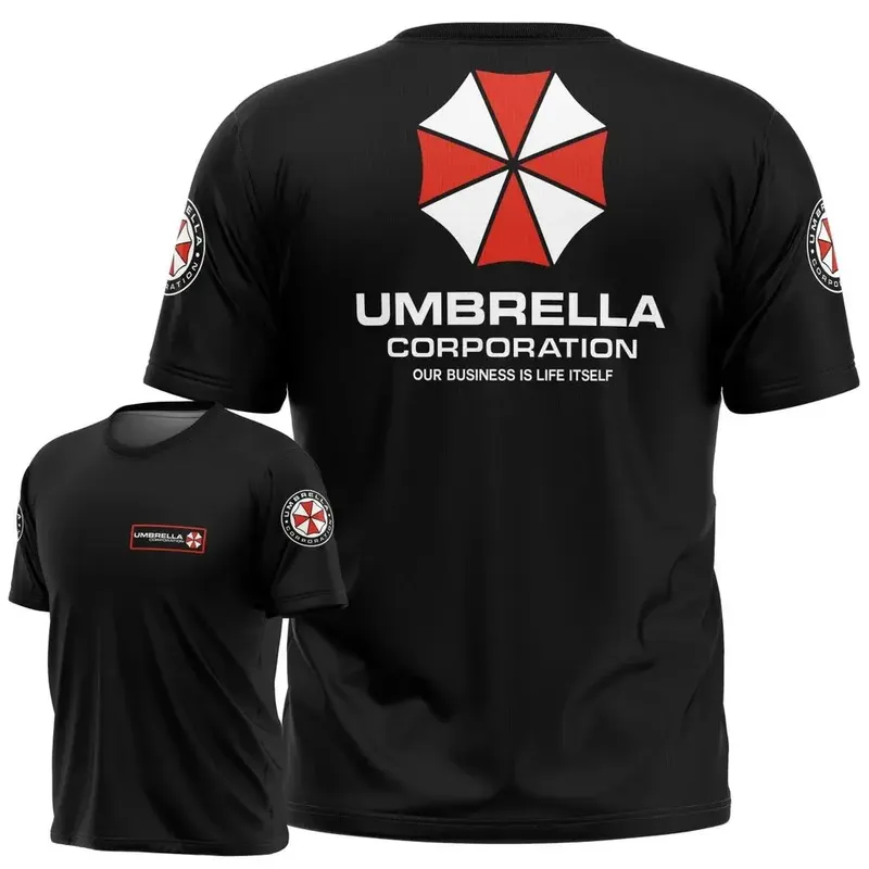 Resident Evil Umbrella Corporation T-Shirt – schwarzes ikonisches Logo und Slogan, 3D-gedruckt, perfekt für Spielfans