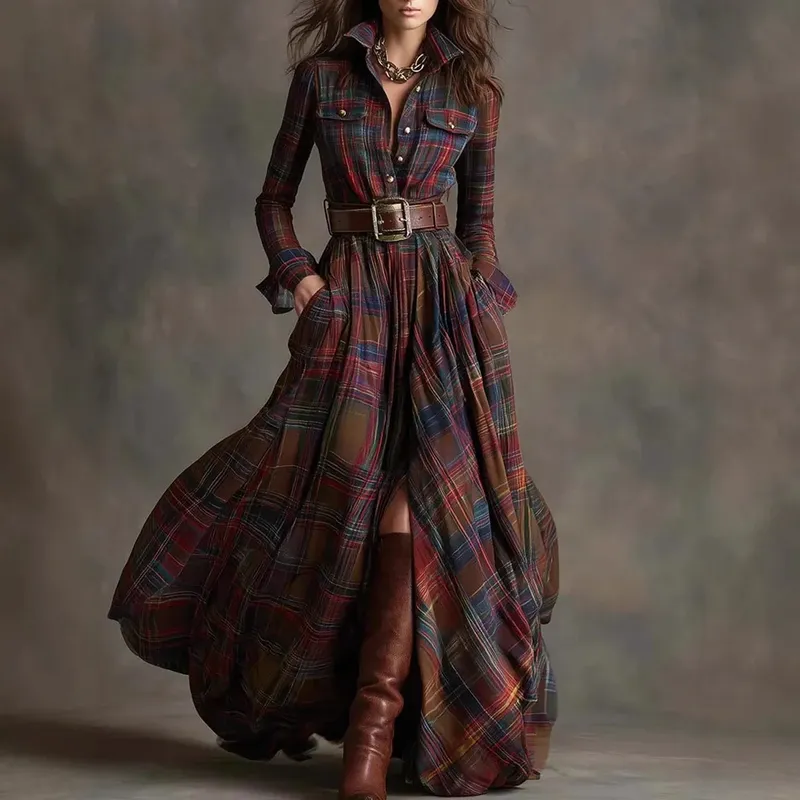 European American frauen Hemd Maxi Kleid Herbst Casual Langarm Taste Tasche Plaid Print Revers Retro Lange Kleid Vestidos - 19.16 EUR