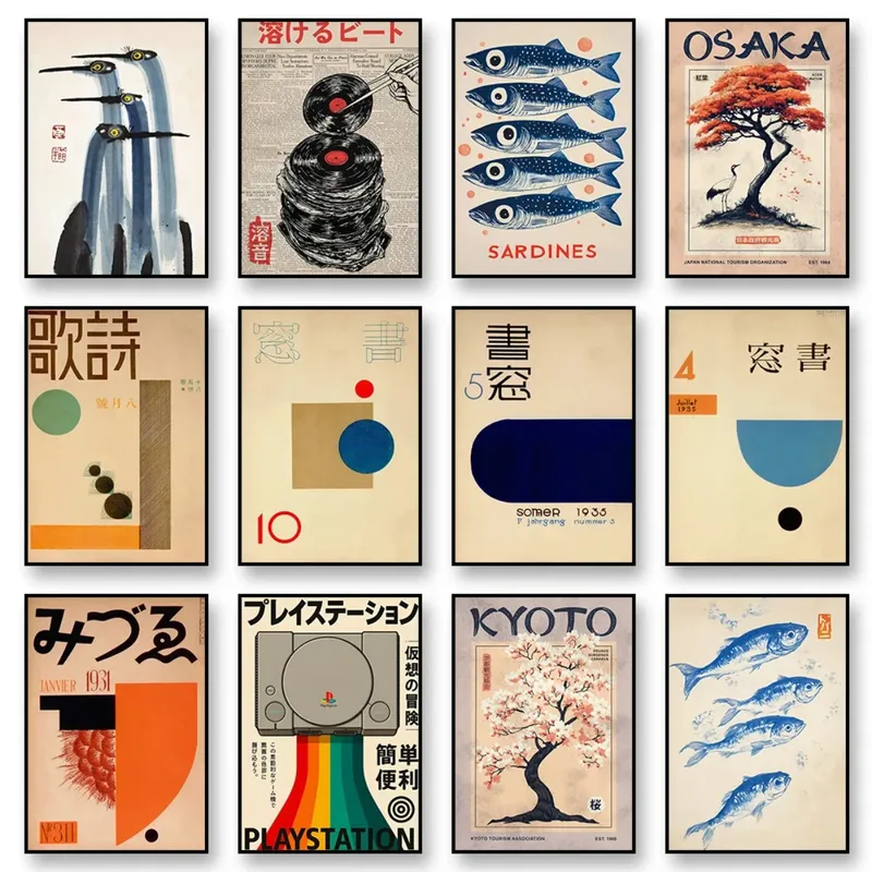 Japanisches Retro-Kran-Leinwanddruck-Poster Japandi Vintage abstrakte Ausstellungskunstdrucke Wohnzimmer Wandkunst Home Decor Poster