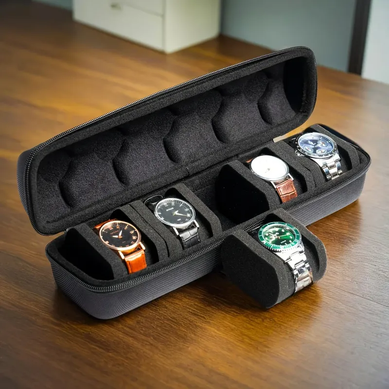 1 Stück 5-Slot-Uhrengehäuse |   Hartschalen-Reise-Organizer mit Kisseneinsatz – Geschenkfertig (Schwarz), geeignet für die Aufbewahrung von Smartwatches