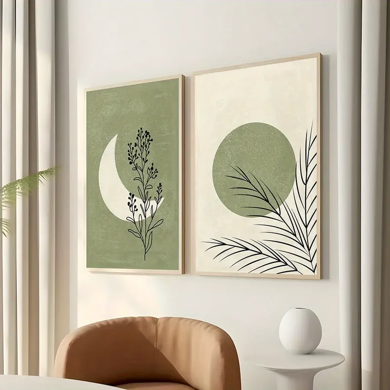 2 teile/satz Böhmische Pflanze Mond Sonne Leinwand Poster Grün Beige Hintergrund Landschaft Wand Kunstdruck für Moderne Wohnzimmer Wohnkultur
