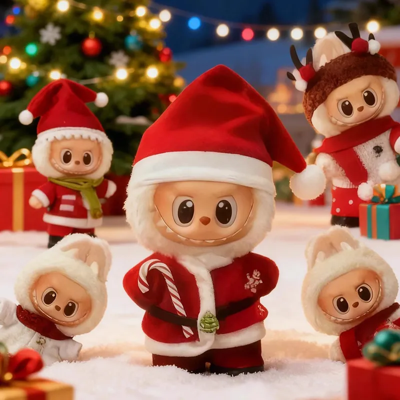 Frohe Weihnachten Puppenkleidung für 15–17 cm Labubu Kleidung Hut Schal Elch Schneemann Set Mini Plüsch Puppe Zubehör Neujahr Kleid Geschenk