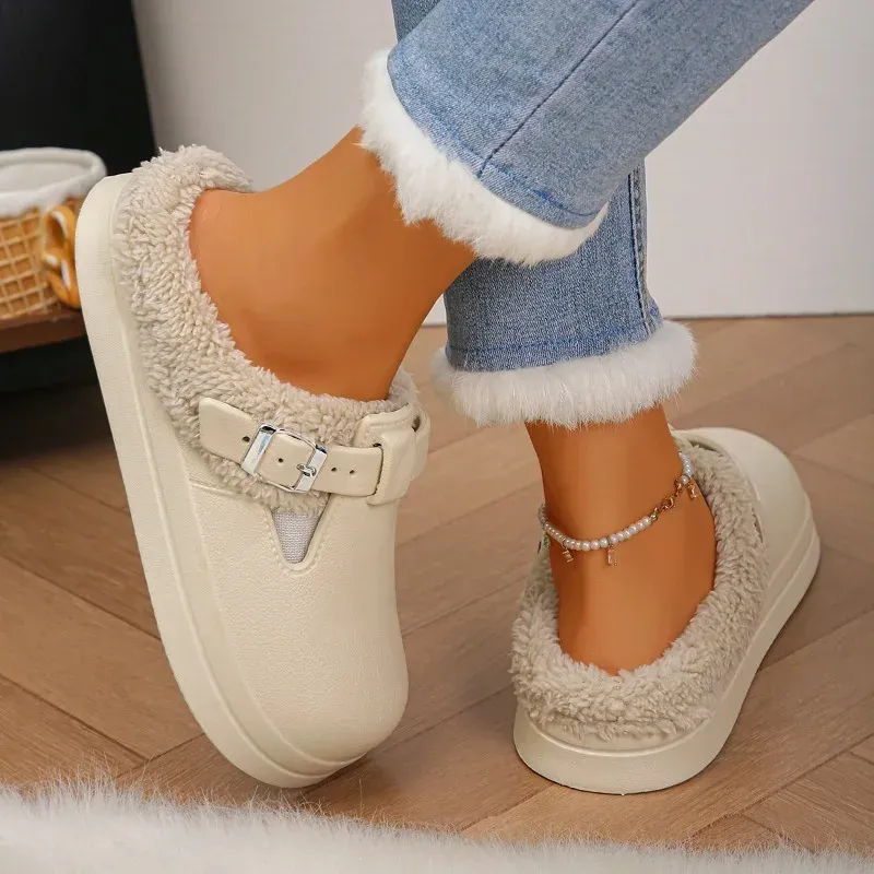 Wasserdichte Eva Furry Mules Hausschuhe Damen 2025, Winter, Metallschnalle, warme Plüsch-Hausschuhe, weicher, dicker Boden, rutschfeste Innenrutschen