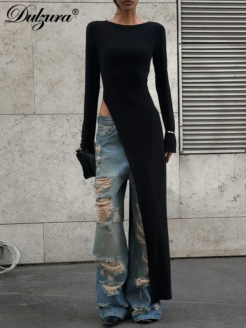 Dulzura Langarm-Maxikleid mit seitlichem hohem Schlitz, solides sexy langes Kleid für Damen, Party, Club, Streetwear, Herbst-Winter-Outfit
