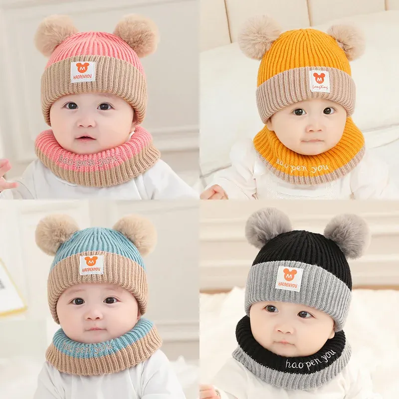 1Set Baby Hut Schal Set Bär Warme Gestrickte Kinder Winter Hut Kappe Motorhaube Infant Kleinkind Kinder Hut Jungen Mädchen häkeln Beanie