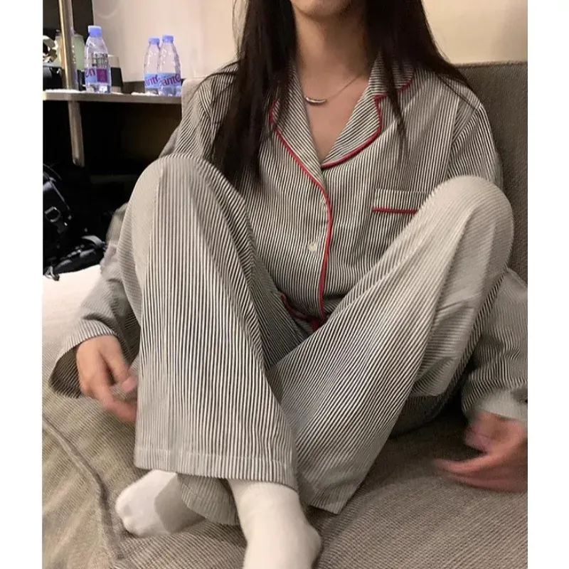 Plus Size Pyjamas Damen Frühling und Sommer Langarm Lange Hosen Zweiteiliger Anzug Gestreifte Nachtwäsche Loungewear Mädchen Nachtwäsche