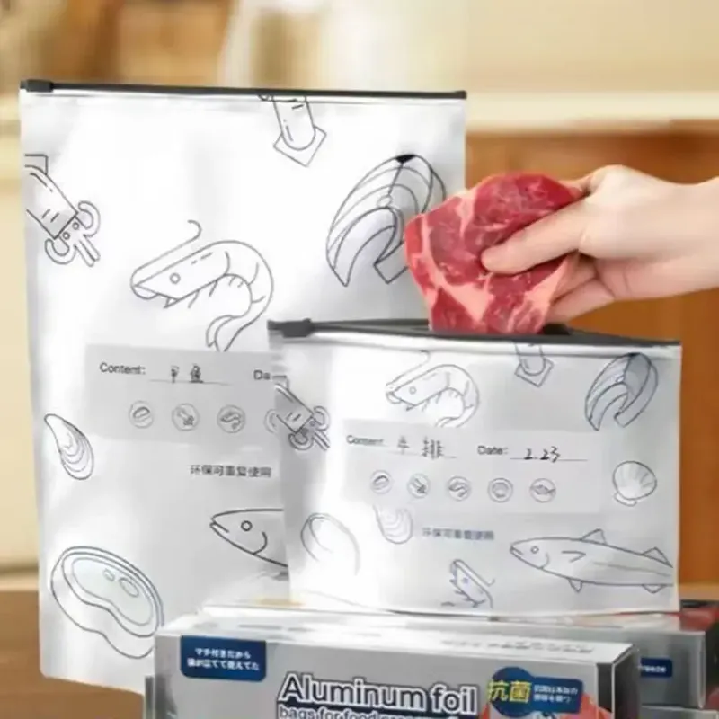 10 Stück/Beutel Küchen-Aluminiumfolien-Frischhaltebeutel, Gefrierbeutel mit Reißverschluss, große Kapazität, wiederverwendbare Lebensmittel-Organizer-Beutel