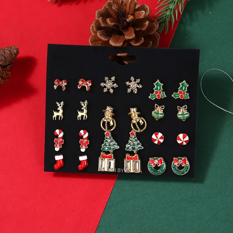 6/12 Pairs Weihnachten Ohrringe Set Für Frauen Glänzenden Zirkon Weihnachten Baum Schneeflocke Santa Claus Elch Kombination Ohrring Partei Schmuck