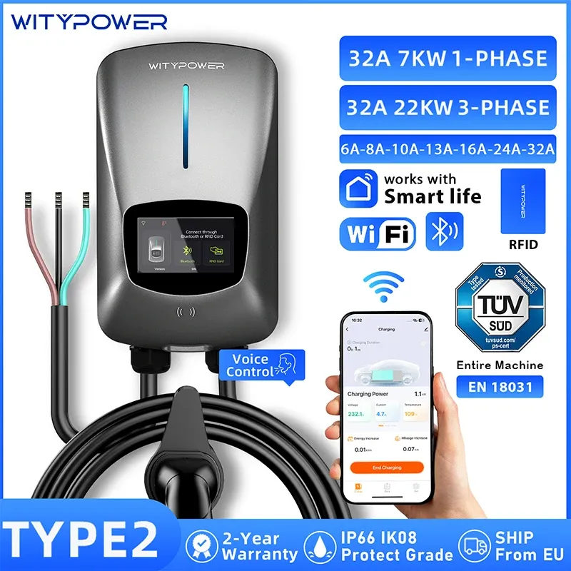 WityPower EV-Ladestation Typ2 7KW Wallbox 22KW RFID-Karten-Induktions-Elektroauto-Ladegerät APP-Steuerung Fahrzeug-Ladeterminal