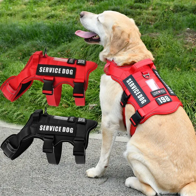 Service-Hundeweste, kein ziehendes Hundegeschirr mit 4 Hundeflicken, reflektierendes Haustiergeschirr mit langlebigem, weich gepolstertem Griff für das Training Med