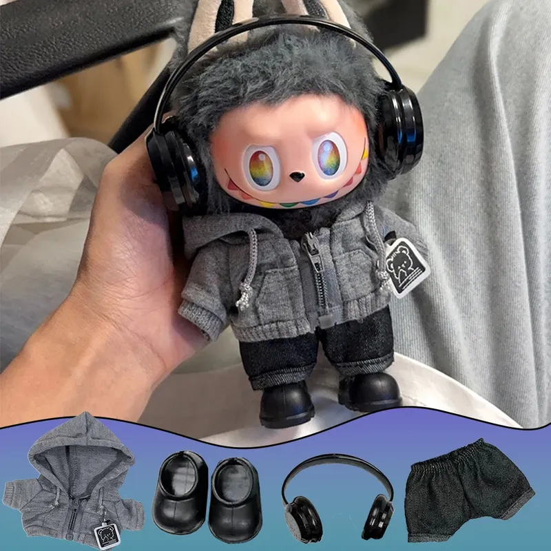 15–17 cm für Labubu Big Into Energy Series Stoff, lässiger Kapuzenpullover, grauer und schwarzer Anzug, modische Sweatshirt-Jacke, schöne Outfit-Geschenke