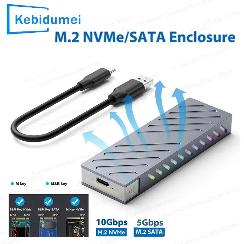 M.2 SSD-Gehäuse 10 Gbit/s M.2 SATA/NVMe Dual Protocol SSD-Adapter SSD zu USB 3.1 externes Gehäuse für NVME PCIE NGFF SATA RGB Box