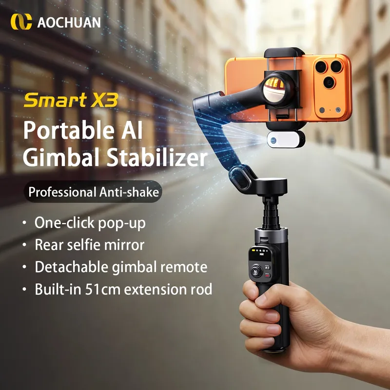 AOCHUAN Handheld Gimbal Stabilizer Smart X3 AI Tracking Integrierte 51 CM Verlängerungsstange für iPhone 17 16 15 Android Vlog Schießen