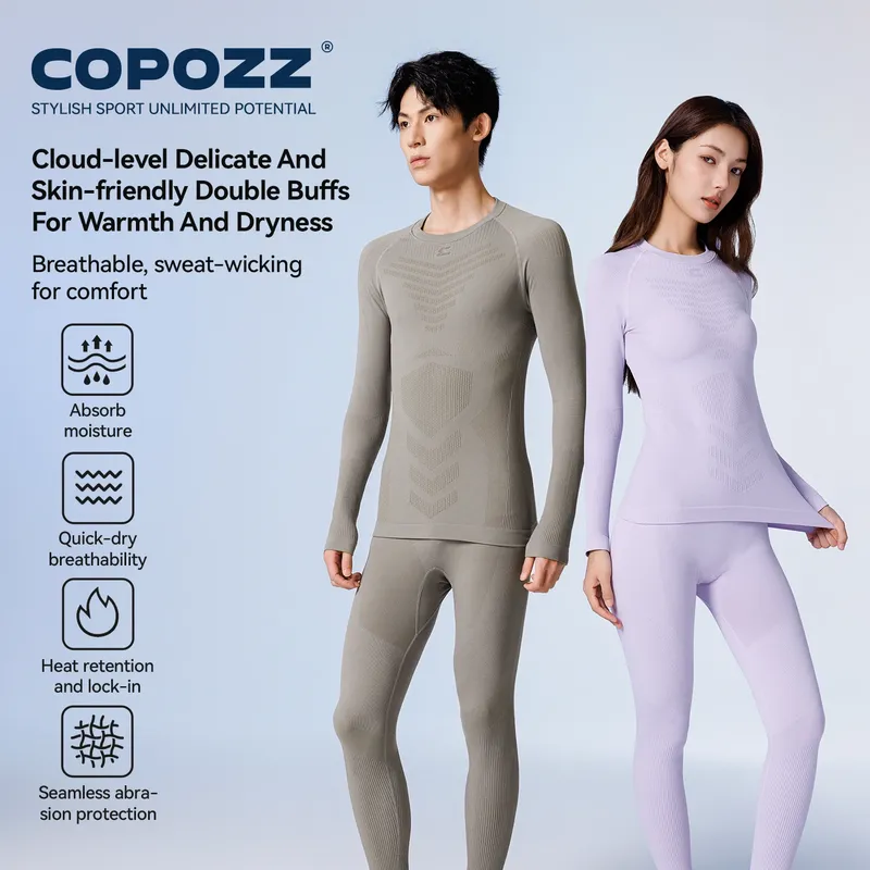 COPOZZ Nahtloses Ski-Thermo-Unterwäsche-Set für Damen und Herren, hochelastisch, Rundhalsausschnitt, schnell trocknend, feuchtigkeitsableitend, Sport-Baselayer, lange Unterhose