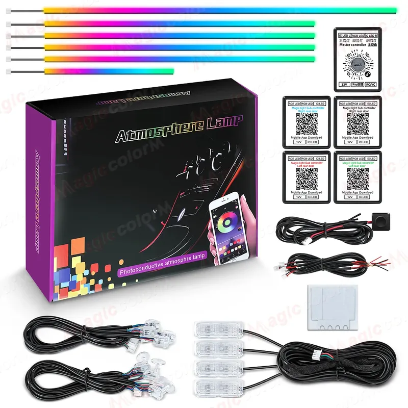 18-in-1-LED-Auto-Umgebungslichter 213, 64 Farben, RGB Symphony Streamer, Bluetooth, Regenbogen-Innenraum, Acrylstreifen, Atmosphärenlampen-Set