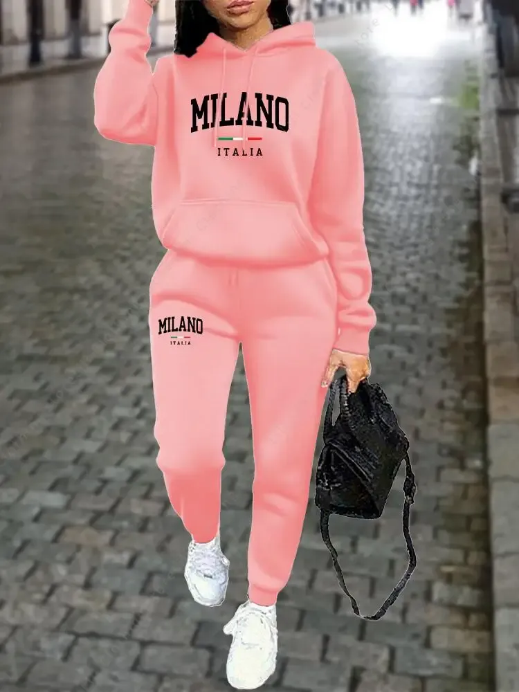 MILANO Hosen-Sets für Damenbekleidung, hochwertiges Sweatshirt, Jogginghose, Kapuzenpullover, 2-teiliges Herbst-Winter-Outfit, Damen-Trainingsanzug