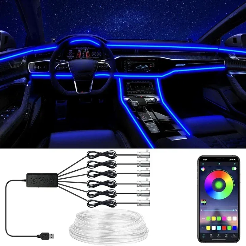 Flexible EL-Drahtleuchten mit App-Steuerung, Umgebungsatmosphäre, Streifenlicht, dekorative Lampen, 12 V, Auto-Innenraum, Neon-RGB-LED-Streifen