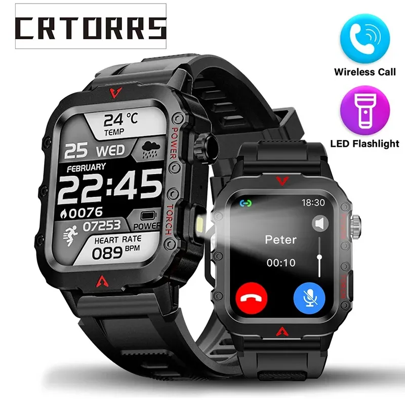 Taschenlampe Smartwatch Fitness Uhr Gesundheitsmonitor Wasserdichte Smart Watch Bluetooth Anruf Sportuhren für Mann IOS Android 2025