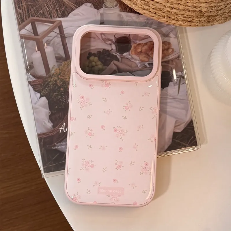 Koreanische Vollbild-Handyhülle mit rosa Blumen und Tropfenkleber für iPhone 17, Air 16, 15, 14, 13, Pro Max Plus, stoßfeste Schutzhülle