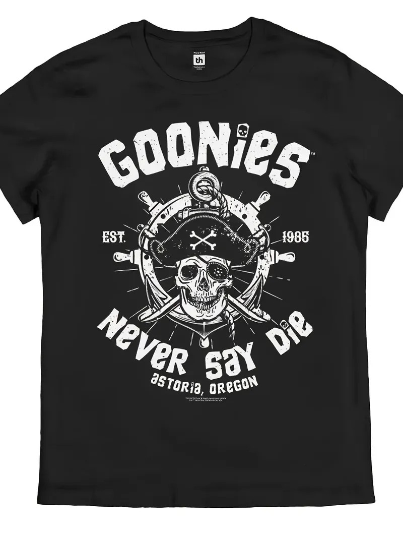 Goonies Never Say Die Retro-T-Shirt für Herren, offiziell inspiriertes 80er-Jahre-Filmlogo, ikonisches Totenkopf-Piraten-Design mit gekreuzten Knochen