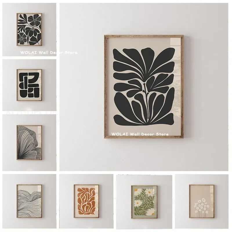Abstrakte Moody Plant Art Leinwanddruck Mid-Century Modern Beige Black Floral Line Wandkunst Poster für Wohnzimmer Home Decor