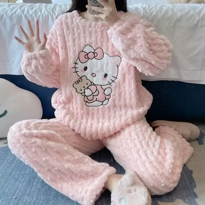 Hellokitty Korallen-Samt-Pyjama für Damen, Flanell, verdickte Hose, süßer Cartoon, süßes Zuhause, Herbst- und Winter-Pyjama, Geschenk