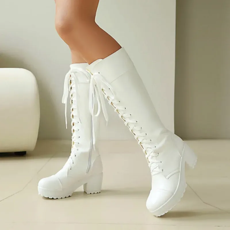 Kniehohe Damen-Kampfstiefel zum Schnüren, klobige Plateau-Gothic-Stiefel, Übergröße 34–48