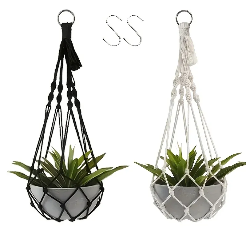2 Stück böhmische Pflanzenaufhänger, schwarz-weißer Makramee-Halter mit Haken für Innendekoration im Freien, Gartendekoration