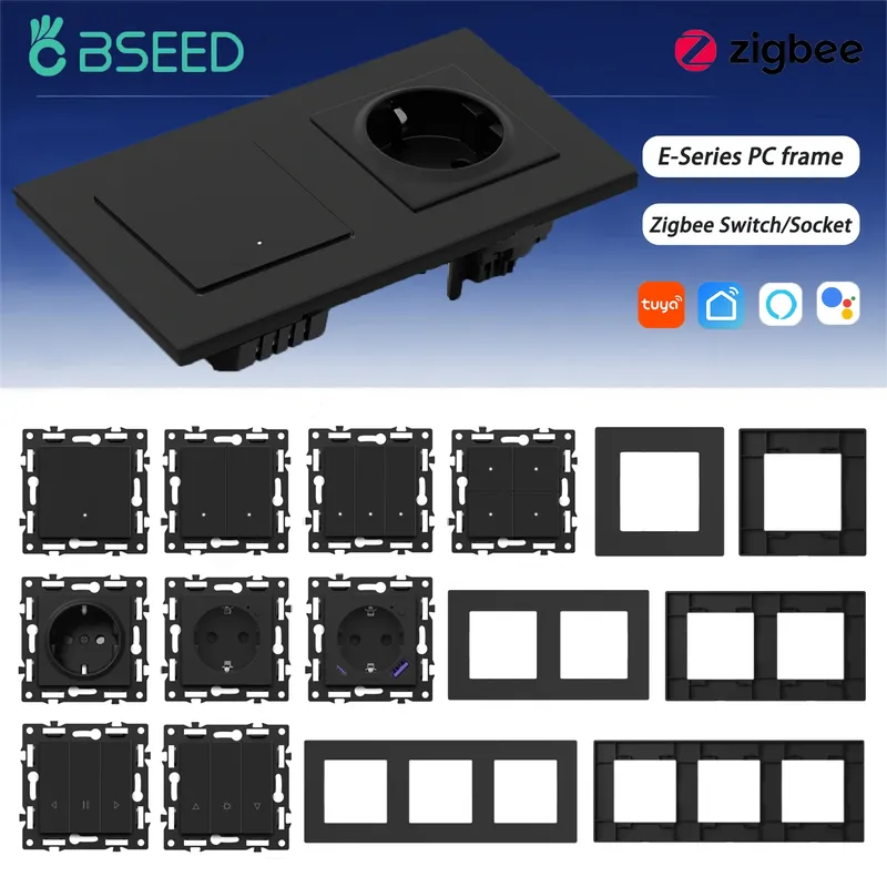 BSEED Zigbee Click Lichtschalter Teil 1/2/3/4Gang 2-Wege-Schalterfunktion DIY Teil EU Smart Steckdosen Kunststoffrahmen schwarze Farbe